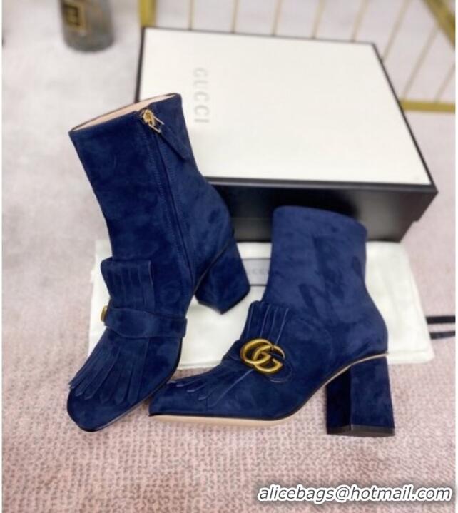 Popular Gucci Leather Ankle Boot With Double G Hardware and Fringe 110978 Blue