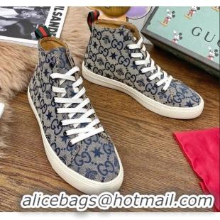 Low Cost Gucci GG Star Bee Canvas High top Sneakers 111442 Grey/Blue