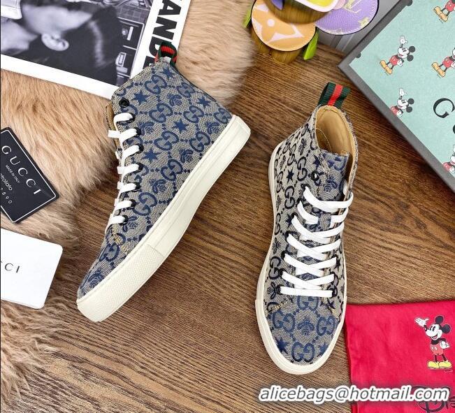 Low Cost Gucci GG Star Bee Canvas High top Sneakers 111442 Grey/Blue