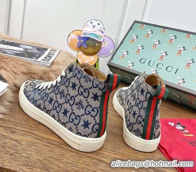 Low Cost Gucci GG Star Bee Canvas High top Sneakers 111442 Grey/Blue