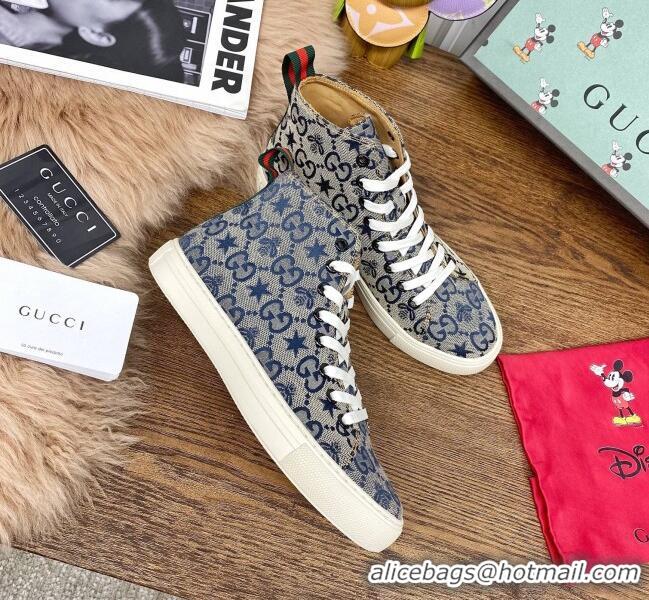 Low Cost Gucci GG Star Bee Canvas High top Sneakers 111442 Grey/Blue