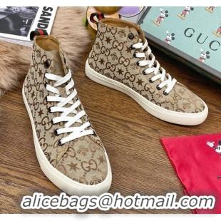 Good Product Gucci GG Star Bee Canvas High top Sneakers 111442 Brown