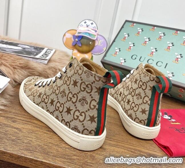 Good Product Gucci GG Star Bee Canvas High top Sneakers 111442 Brown