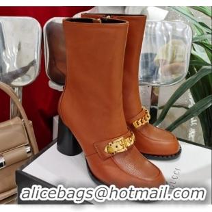 Most Popular Gucci Leather Heel Short Boots with CHain Charm 111657 Brown