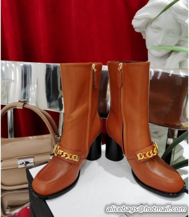 Most Popular Gucci Leather Heel Short Boots with CHain Charm 111657 Brown