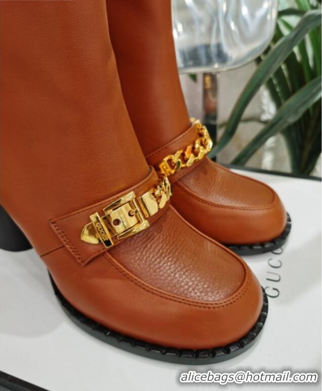 Most Popular Gucci Leather Heel Short Boots with CHain Charm 111657 Brown