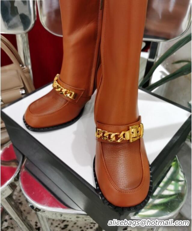 Most Popular Gucci Leather Heel Short Boots with CHain Charm 111657 Brown