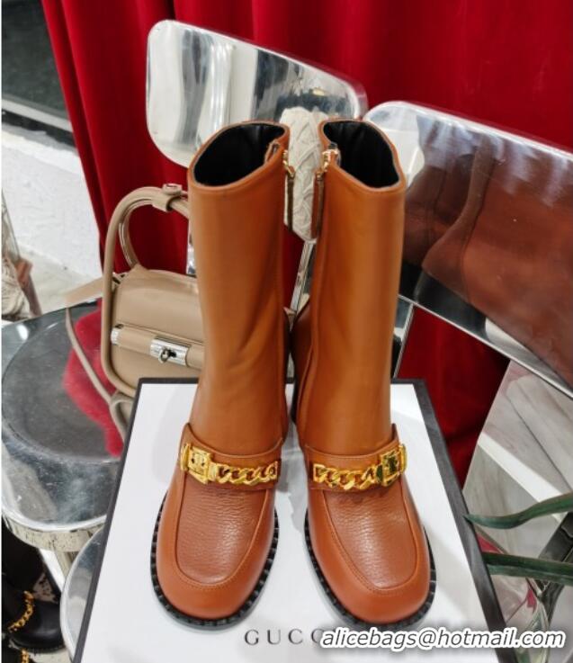 Most Popular Gucci Leather Heel Short Boots with CHain Charm 111657 Brown