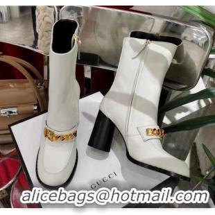 Good Product Gucci Leather Heel Short Boots with CHain Charm 111657 White/Gold 