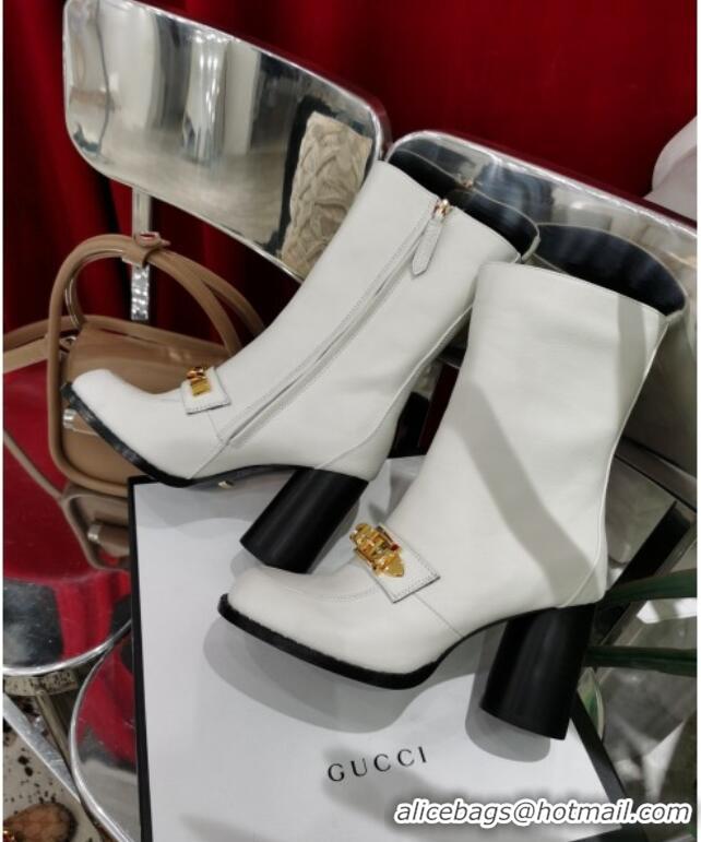 Good Product Gucci Leather Heel Short Boots with CHain Charm 111657 White/Gold 