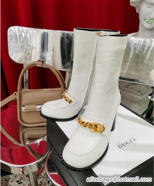 Good Product Gucci Leather Heel Short Boots with CHain Charm 111657 White/Gold 