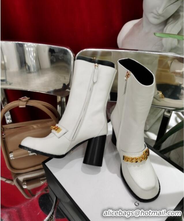 Good Product Gucci Leather Heel Short Boots with CHain Charm 111657 White/Gold 