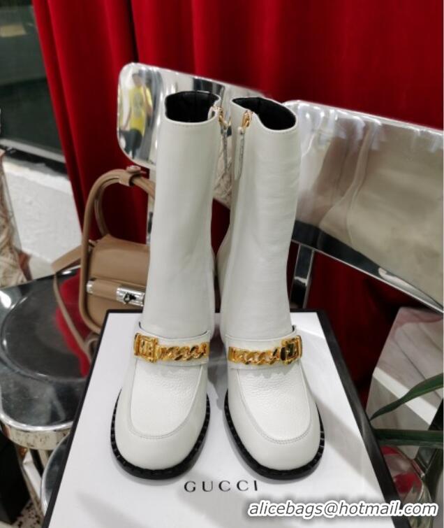 Good Product Gucci Leather Heel Short Boots with CHain Charm 111657 White/Gold 