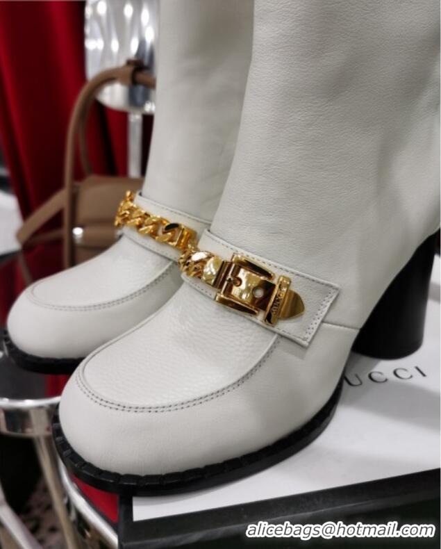 Good Product Gucci Leather Heel Short Boots with CHain Charm 111657 White/Gold 