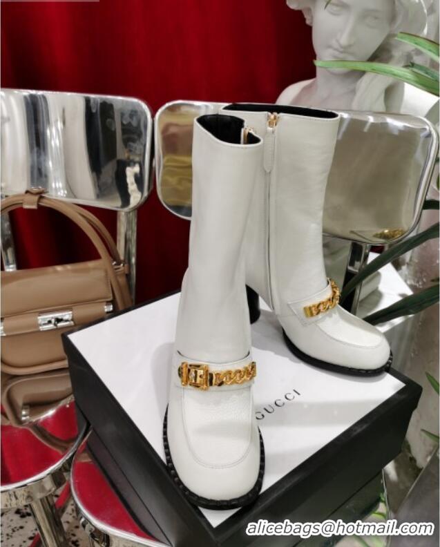 Good Product Gucci Leather Heel Short Boots with CHain Charm 111657 White/Gold 