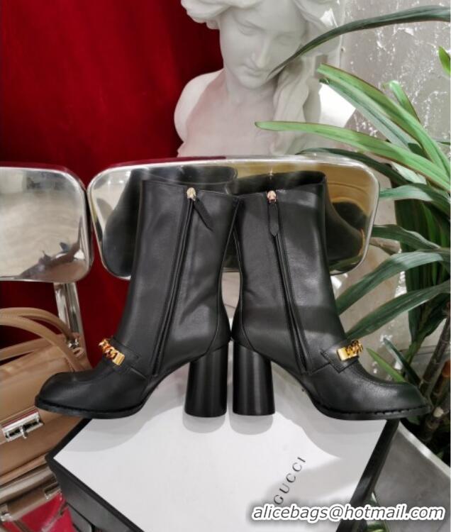 Grade Design Gucci Leather Heel Short Boots with CHain Charm 111657 Black/Gold