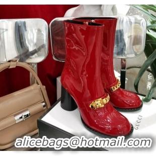 Best Luxury Gucci Patent Leather Heel Short Boots with CHain Charm 111660 Red