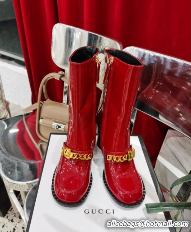 Best Luxury Gucci Patent Leather Heel Short Boots with CHain Charm 111660 Red