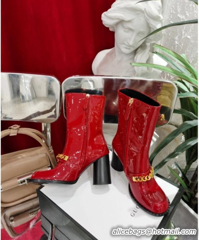 Best Luxury Gucci Patent Leather Heel Short Boots with CHain Charm 111660 Red