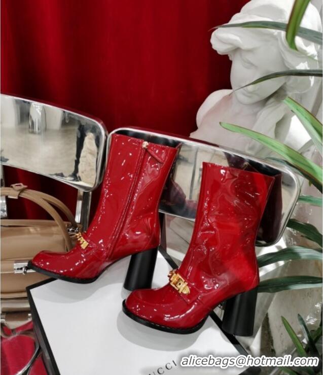 Best Luxury Gucci Patent Leather Heel Short Boots with CHain Charm 111660 Red