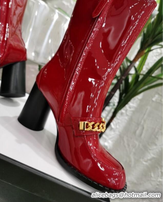 Best Luxury Gucci Patent Leather Heel Short Boots with CHain Charm 111660 Red