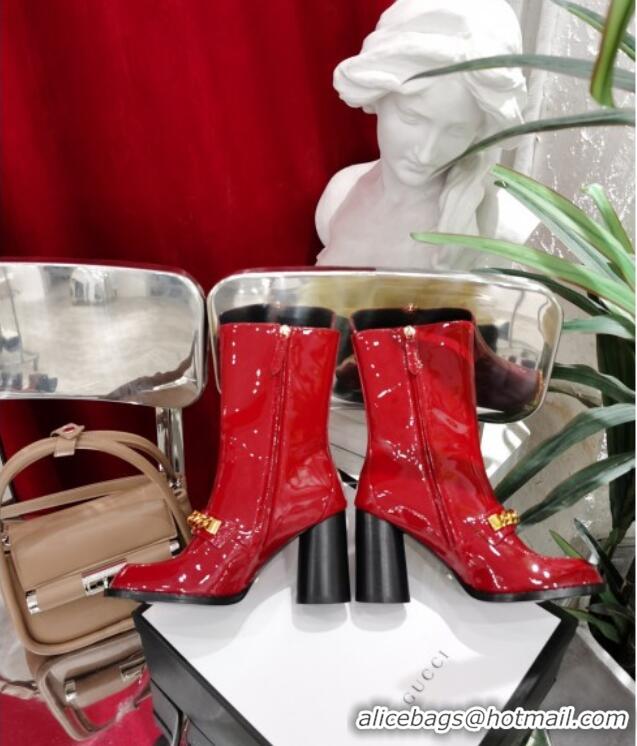 Best Luxury Gucci Patent Leather Heel Short Boots with CHain Charm 111660 Red