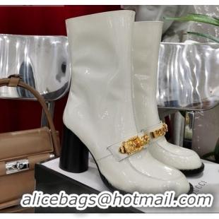 Best Price Gucci Patent Leather Heel Short Boots with CHain Charm 111660 White