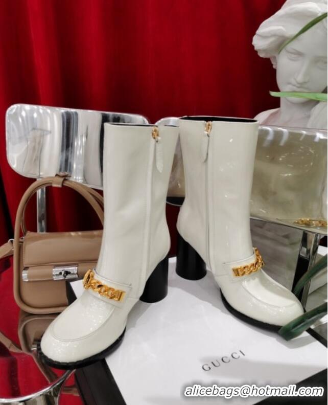 Best Price Gucci Patent Leather Heel Short Boots with CHain Charm 111660 White