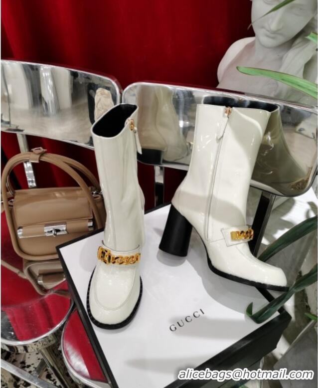 Best Price Gucci Patent Leather Heel Short Boots with CHain Charm 111660 White