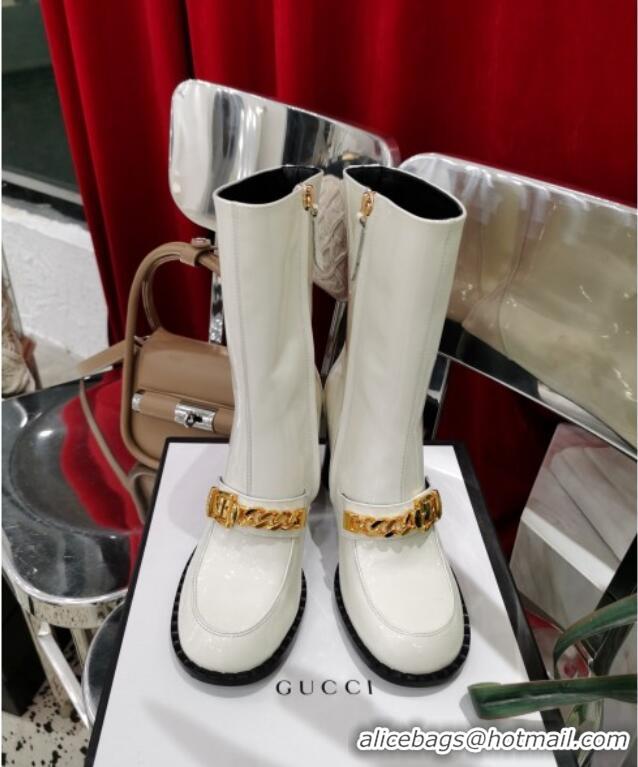 Best Price Gucci Patent Leather Heel Short Boots with CHain Charm 111660 White