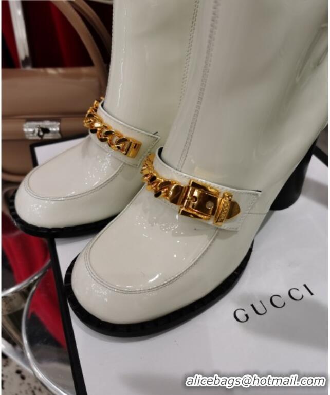 Best Price Gucci Patent Leather Heel Short Boots with CHain Charm 111660 White