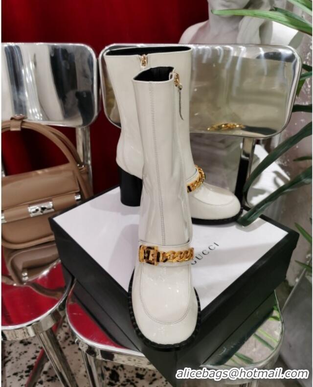 Best Price Gucci Patent Leather Heel Short Boots with CHain Charm 111660 White