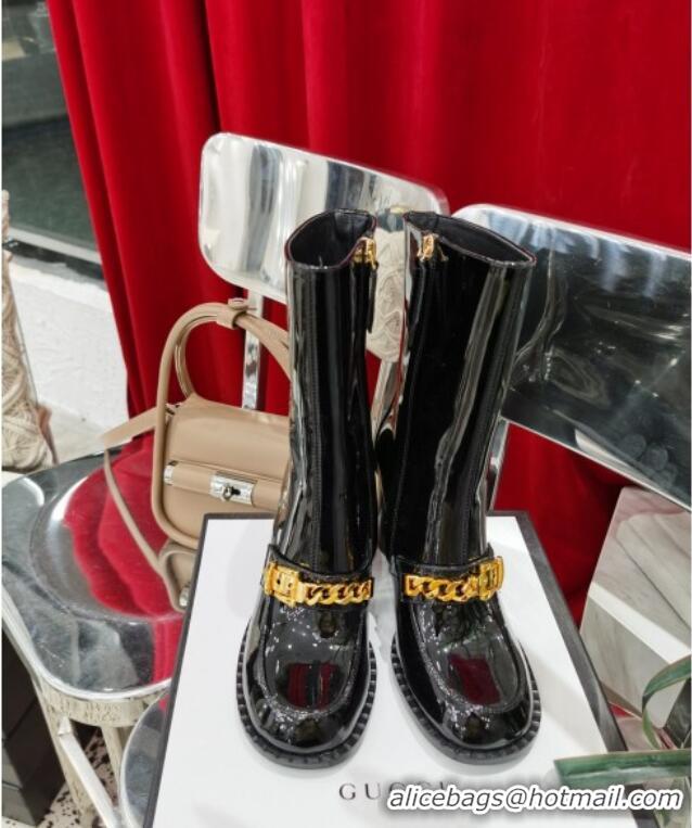 Perfect Gucci Patent Leather Heel Short Boots with CHain Charm 111660 Black