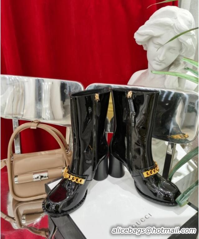 Perfect Gucci Patent Leather Heel Short Boots with CHain Charm 111660 Black