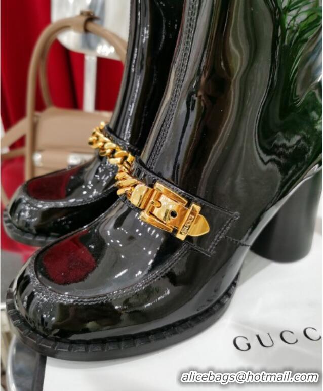 Perfect Gucci Patent Leather Heel Short Boots with CHain Charm 111660 Black