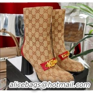 Low Price Gucci GG Canvas Heel Short Boots 8.5 cm heel/27 cm shaft with CHain Charm 111663 Beige