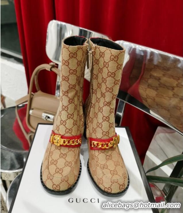 Low Price Gucci GG Canvas Heel Short Boots 8.5 cm heel/27 cm shaft with CHain Charm 111663 Beige