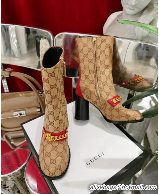 Low Price Gucci GG Canvas Heel Short Boots 8.5 cm heel/27 cm shaft with CHain Charm 111663 Beige