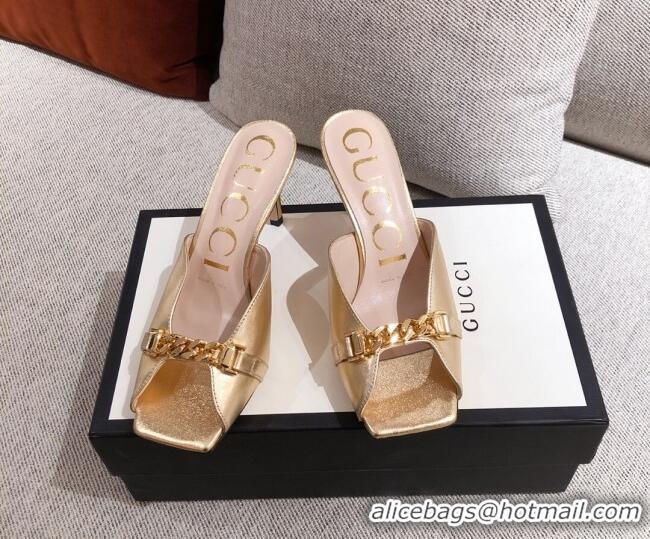 Classic Practical Gucci Leather Mid-heel Slide Sandals with Chain 626769 Gold 2020