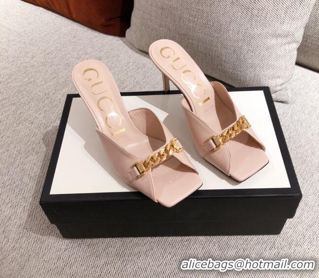 Top Sale Gucci Leather Mid-heel Slide Sandals with Chain 626769 Pink 2020