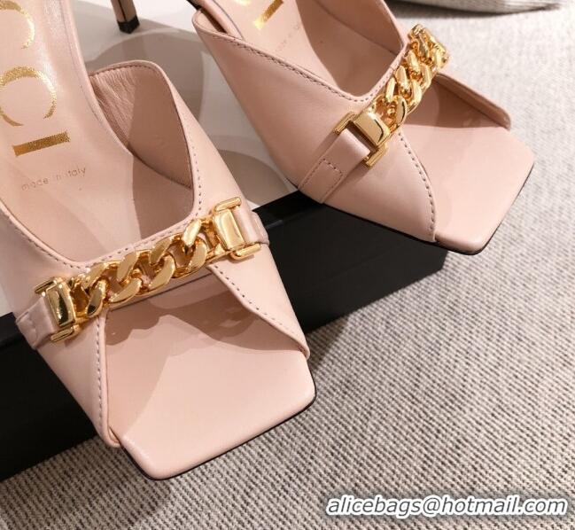 Top Sale Gucci Leather Mid-heel Slide Sandals with Chain 626769 Pink 2020