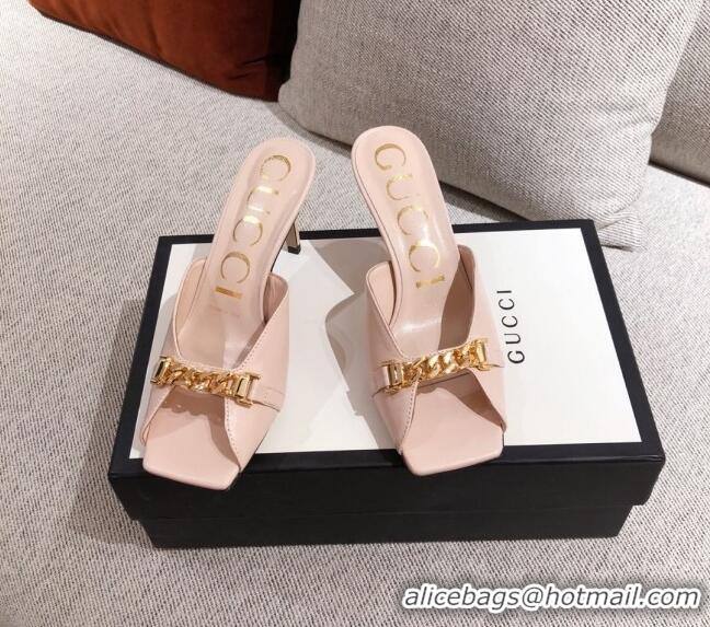 Top Sale Gucci Leather Mid-heel Slide Sandals with Chain 626769 Pink 2020