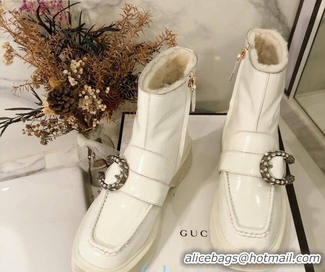 Best Grade Gucci Dionysus Shiny Calfskin Wool 20cm Short Boots 120134 White