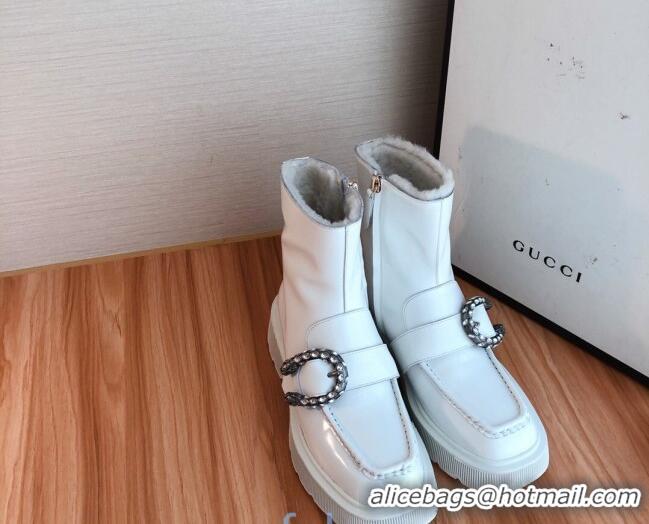 Best Grade Gucci Dionysus Shiny Calfskin Wool 20cm Short Boots 120134 White