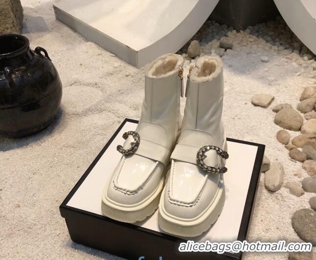 Best Grade Gucci Dionysus Shiny Calfskin Wool 20cm Short Boots 120134 White