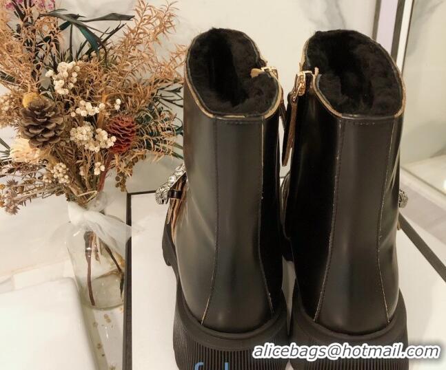 Fashion Gucci Dionysus Shiny Calfskin Wool 20cm Short Boots 120136 Black 