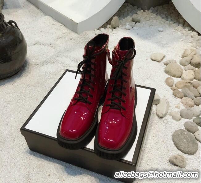 Most Popular Gucci Patent Leathe 23 Lace-up Short Boots 120145 Burgundy