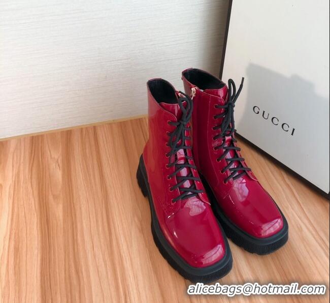 Most Popular Gucci Patent Leathe 23 Lace-up Short Boots 120145 Burgundy