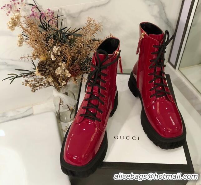 Most Popular Gucci Patent Leathe 23 Lace-up Short Boots 120145 Burgundy