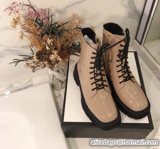 Fashion Gucci Patent Leathe 23 Lace-up Short Boots 120145 Nude